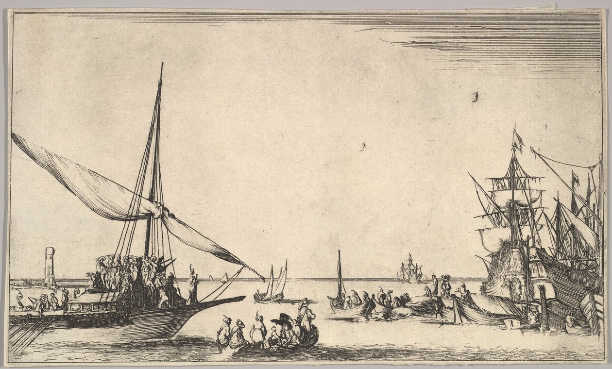 En kabys, der ankommer til havn til venstre, flere robåde i midten, skibe i havn til højre, fra..., 1639. af Stefano della Bella