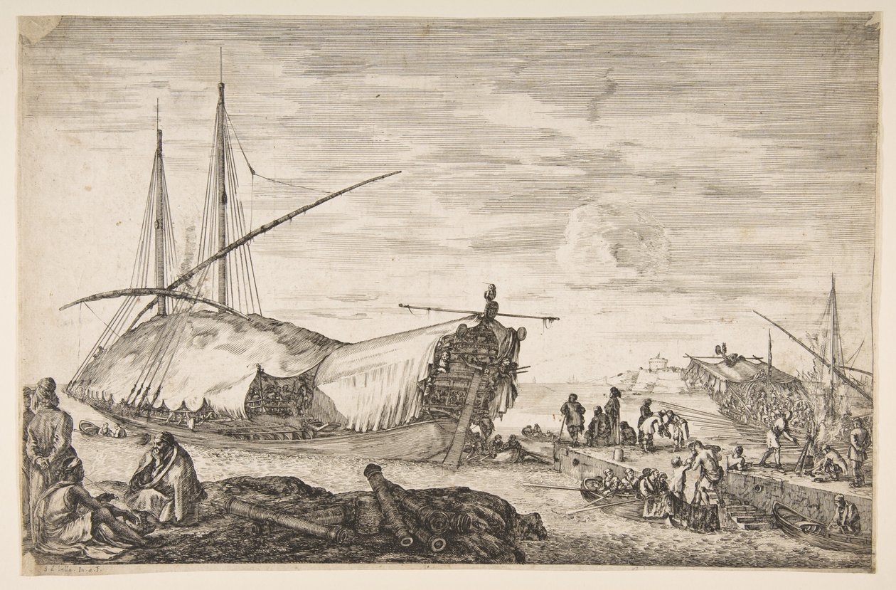 En kabys dækket af sejl til venstre, seks kanoner og fire personer til venstre i forgrunden, en ..., 1655. af Stefano della Bella