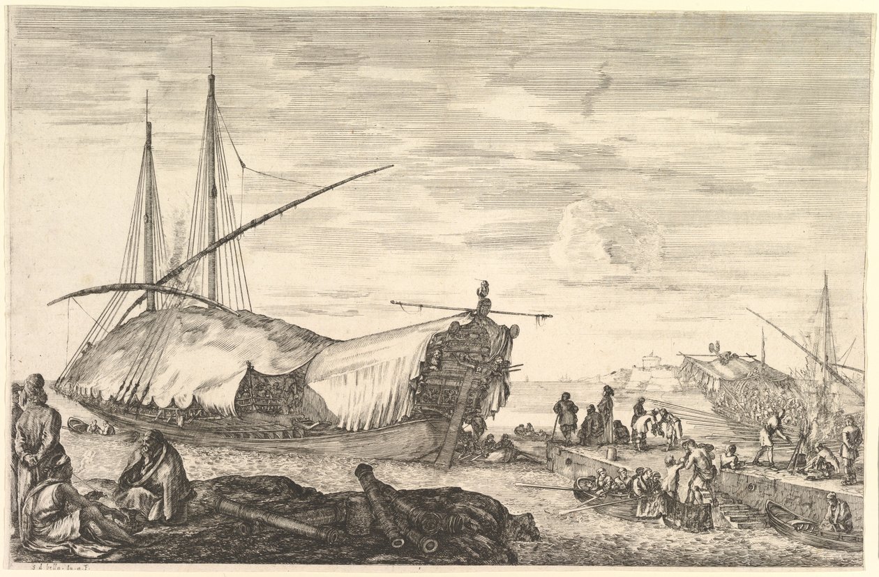 En kabys dækket af sejl til venstre, seks kanoner og fire personer til venstre i forgrunden..., ca. 1652-57. af Stefano della Bella