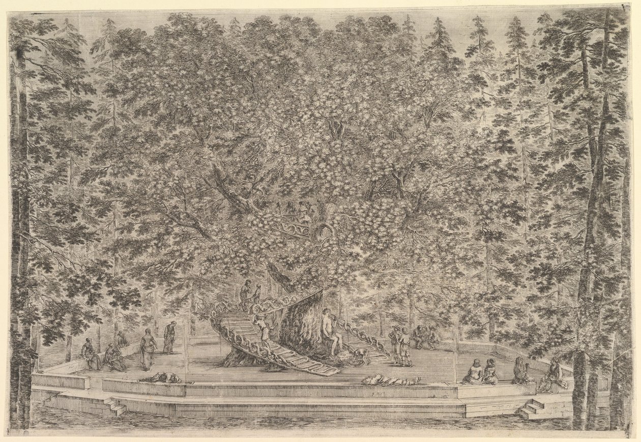 Et stort beboet træ i midten med ramper, der fører rundt om stammen, under en stenpa..., ca. 1653. af Stefano della Bella