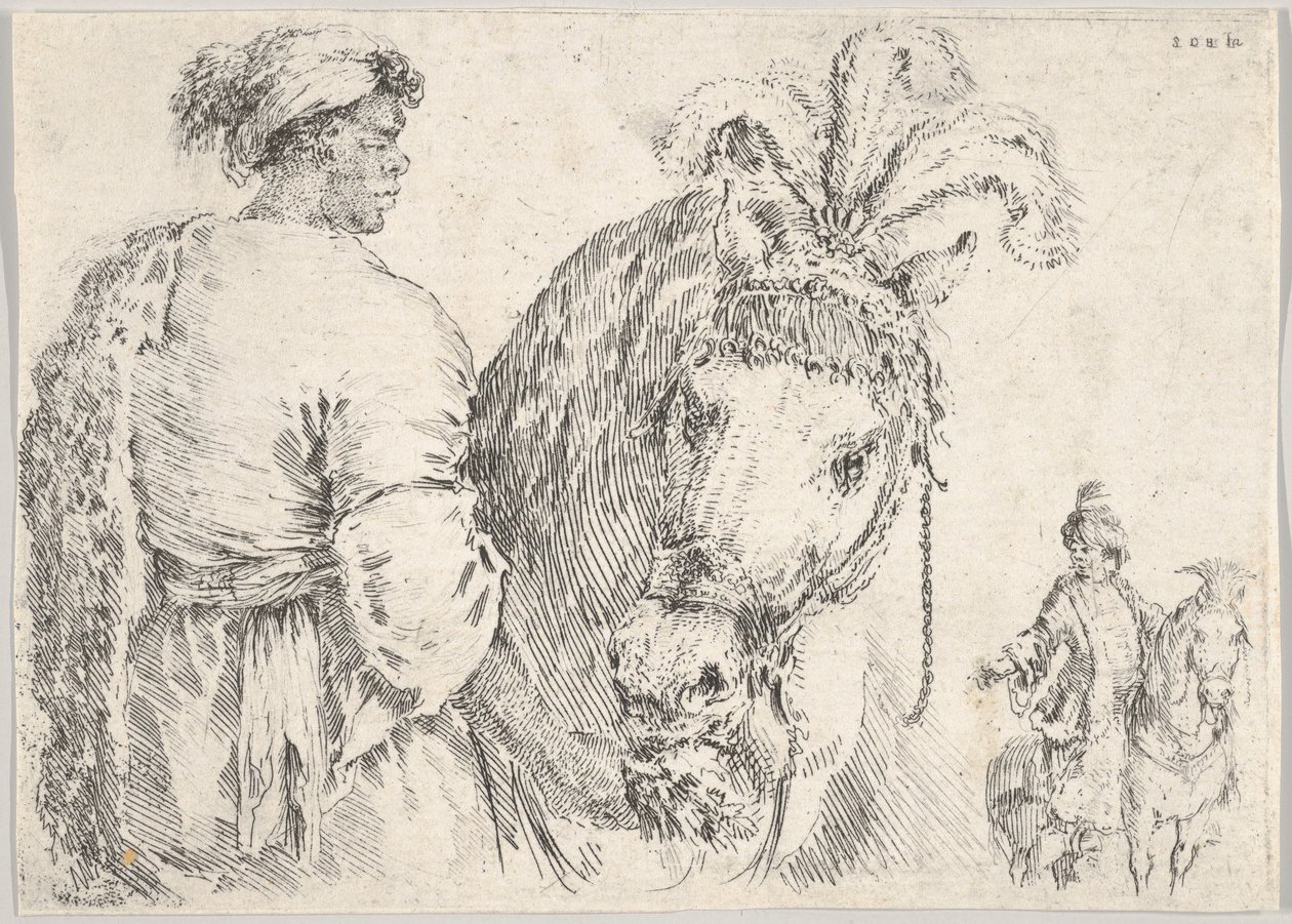 En mand til venstre i profil giver en håndfuld hø til en hest i midten, en rytter til t..., ca. 1662. af Stefano della Bella