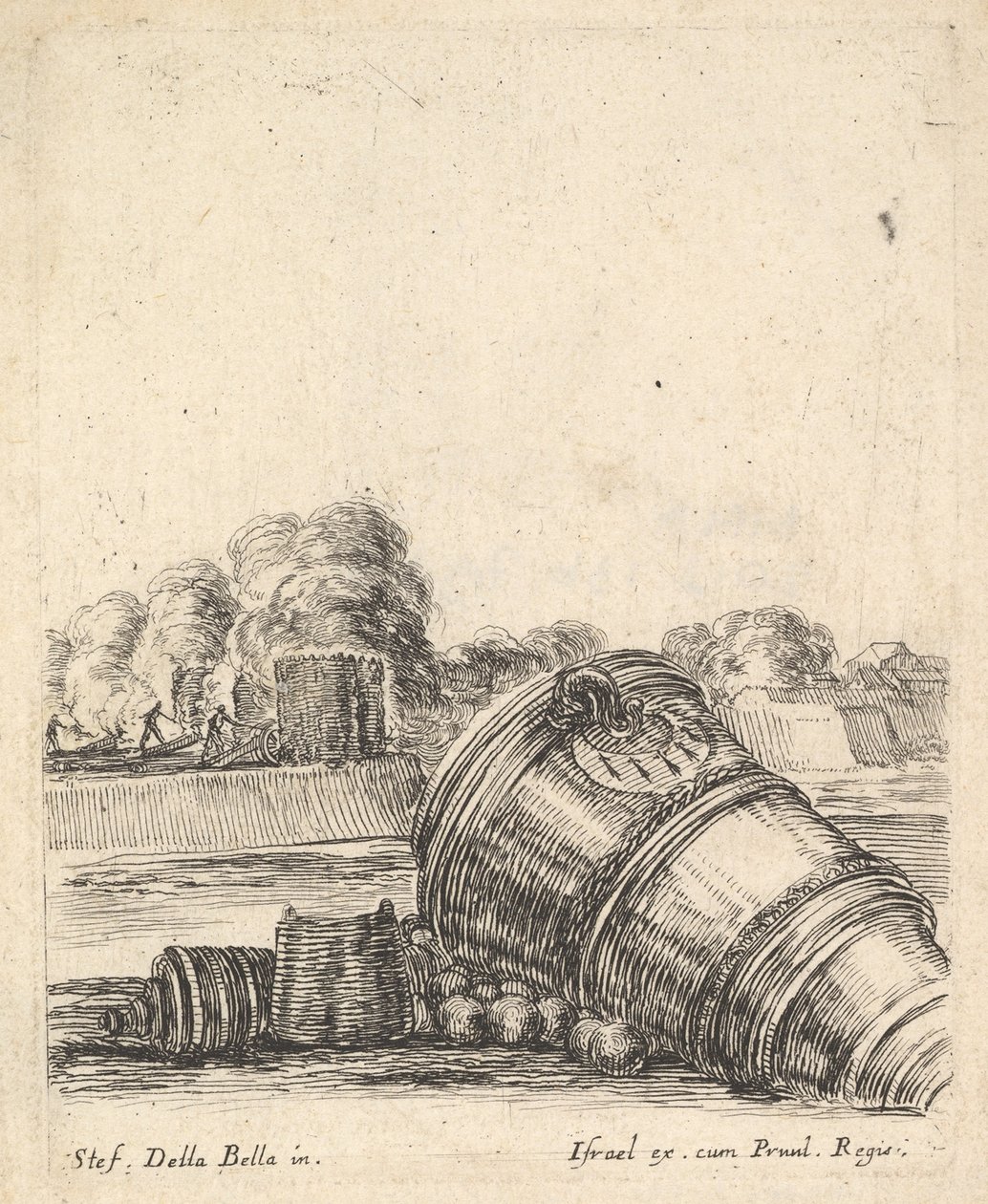 En morter uden vogn liggende på jorden til højre, soldater skyder kanon..., ca. 1638-43. af Stefano della Bella