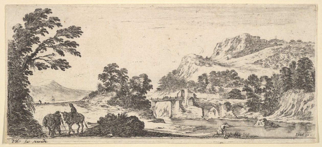 Et muldyr, der bærer en kvinde og en bonde, der går med et muldyr til venstre, en fisker til højre..., ca. 1641. af Stefano della Bella