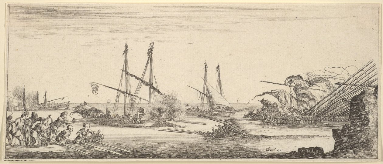 Et søslag, en robåd fuld af mænd til venstre, et synkende skib til højre, to kabysser ba..., ca. 1641. af Stefano della Bella