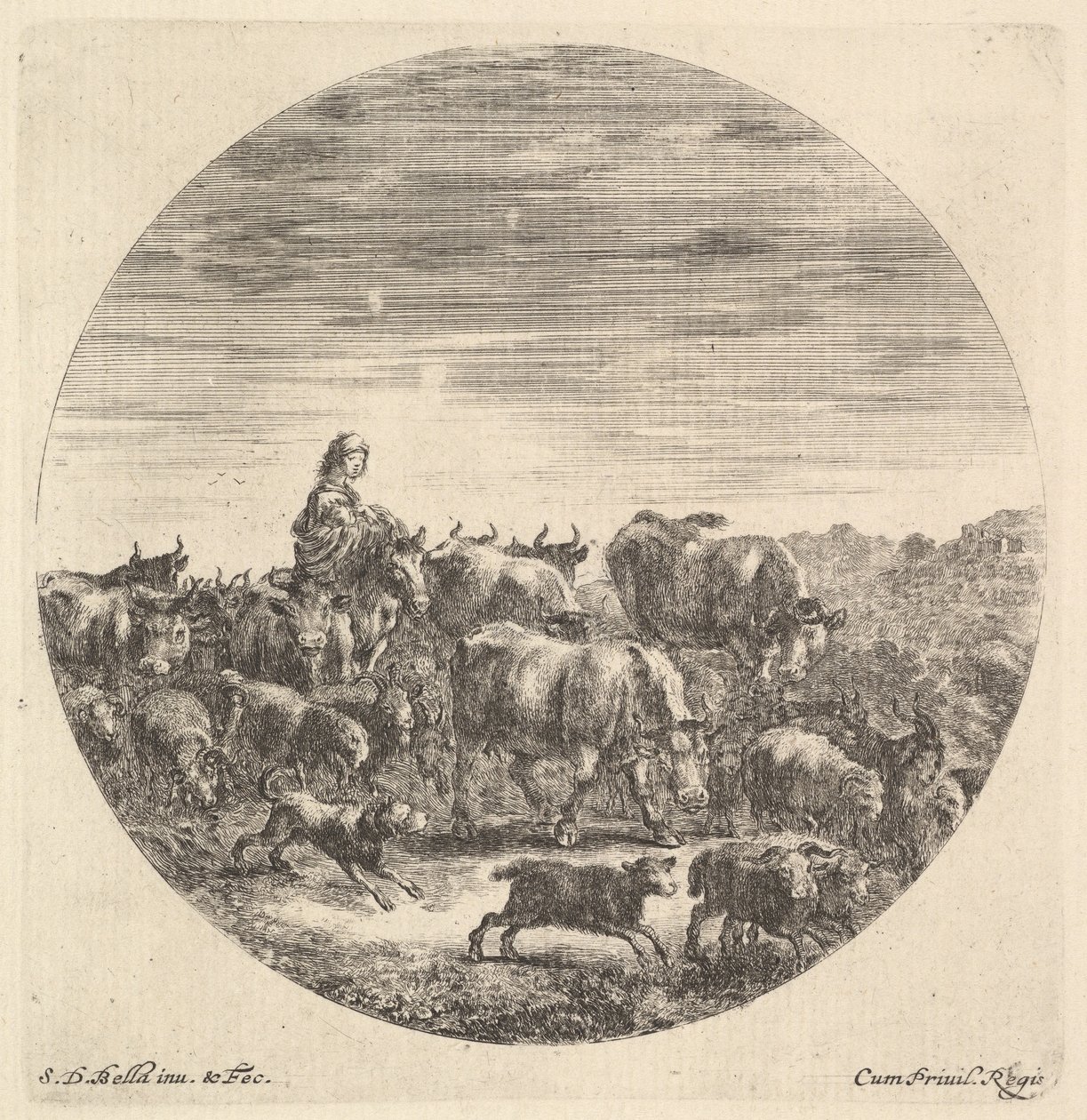 En bondekone siddende på en hest til venstre, vendt mod højre, omgivet af en flok fc..., ca. 1643-48. af Stefano della Bella
