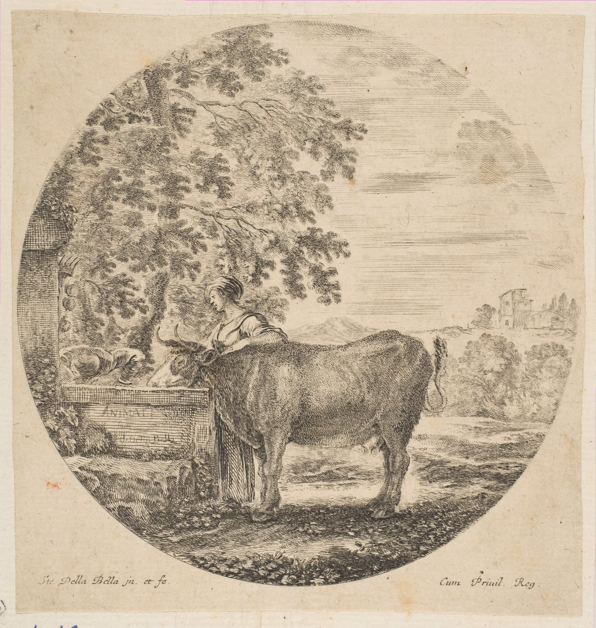 En bondekone med en ko ved et springvand dekoreret med Medici-armene, fra Six ani..., ca. 1646. af Stefano della Bella