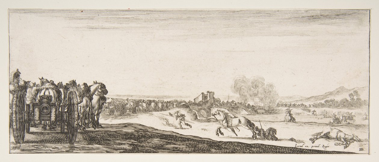 En procession af hestetrukne kanonvogne til venstre, ryttere i kamp og en død ho..., ca. 1641. af Stefano della Bella