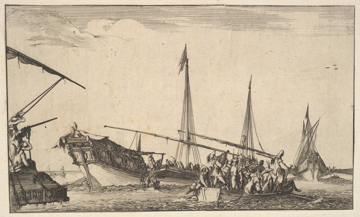 En robåd fuld af mænd til højre, et skib med mænd, der sejler ned i en robåd bag til venstre..., 1639. af Stefano della Bella