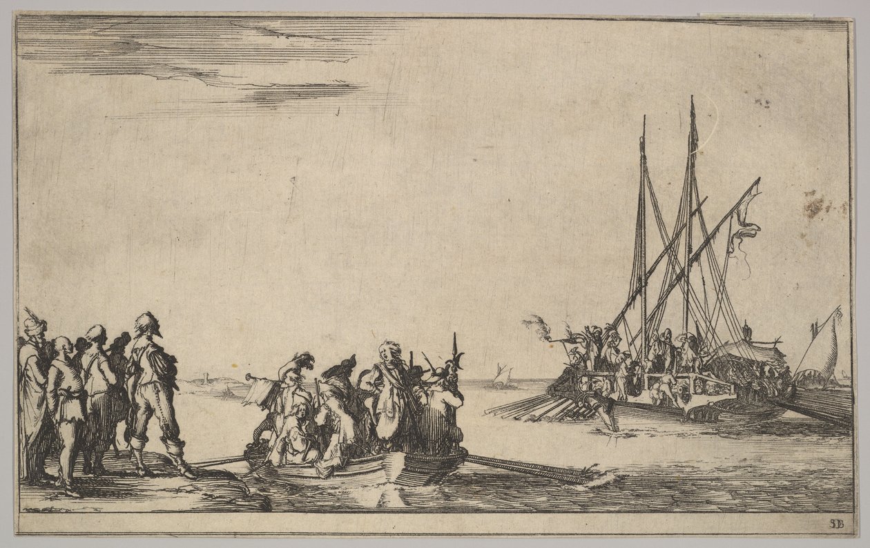 En robåd fuld af mænd i midten, en gruppe mænd stående på land til venstre, et skib fyldt med ..., 1639. af Stefano della Bella