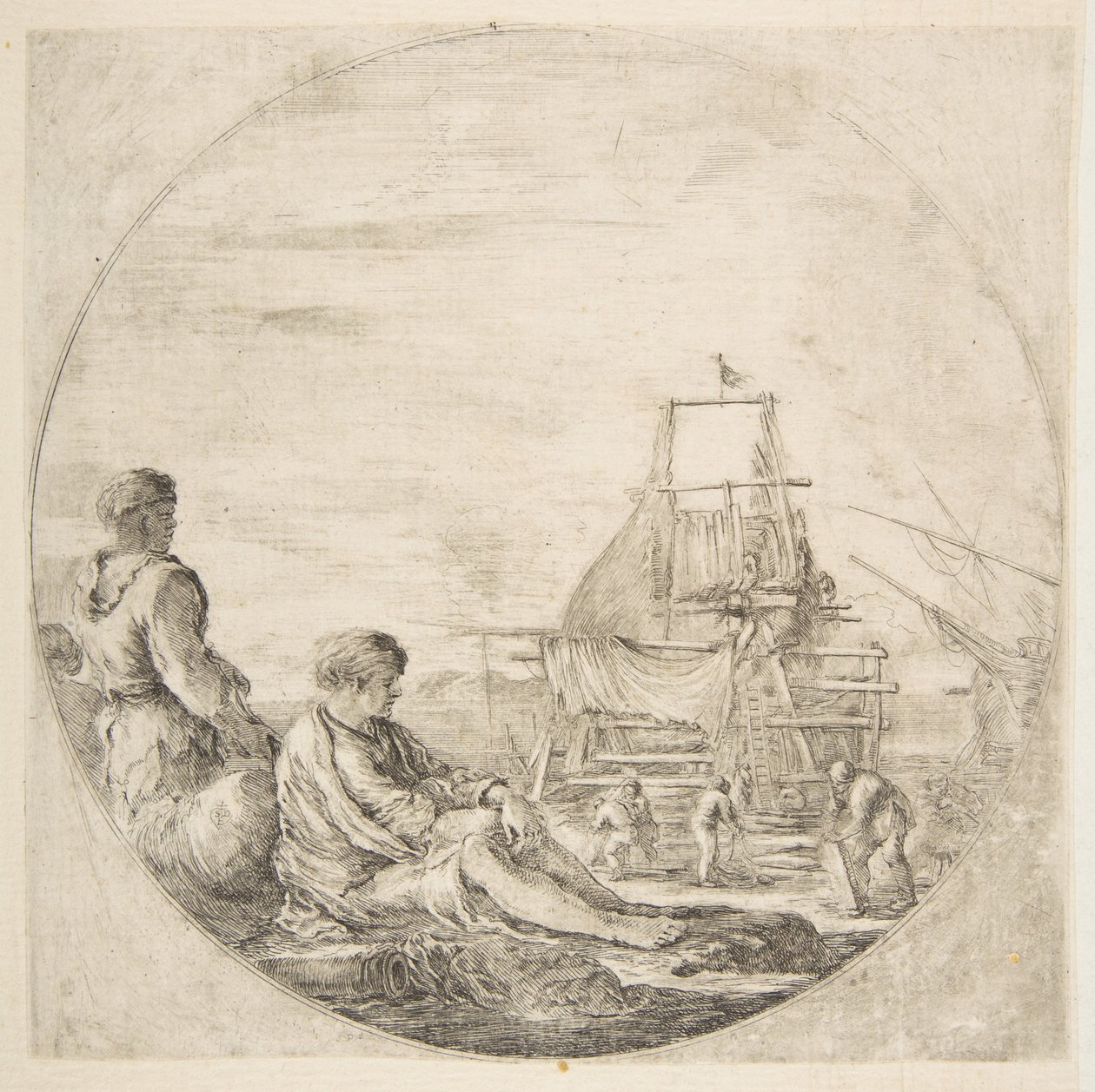 En siddende hvid sømand og en stående sort sømand, folk der bygger et skib i ryggen..., ca. 1660. af Stefano della Bella