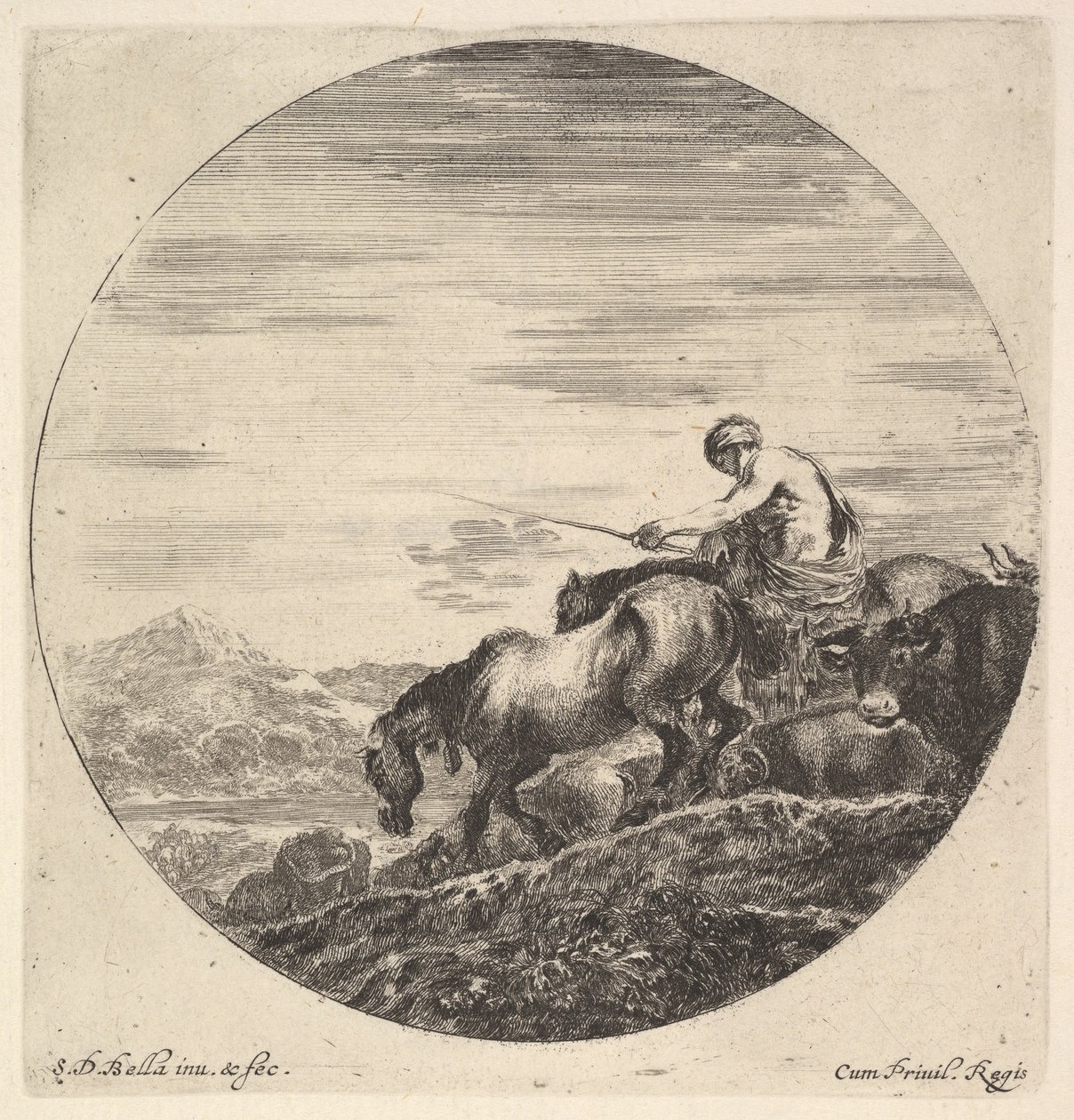 En hyrde til højre, vendt mod venstre, kører en gruppe dyr ned ad bakke, en rund komp..., ca. 1643-48. af Stefano della Bella