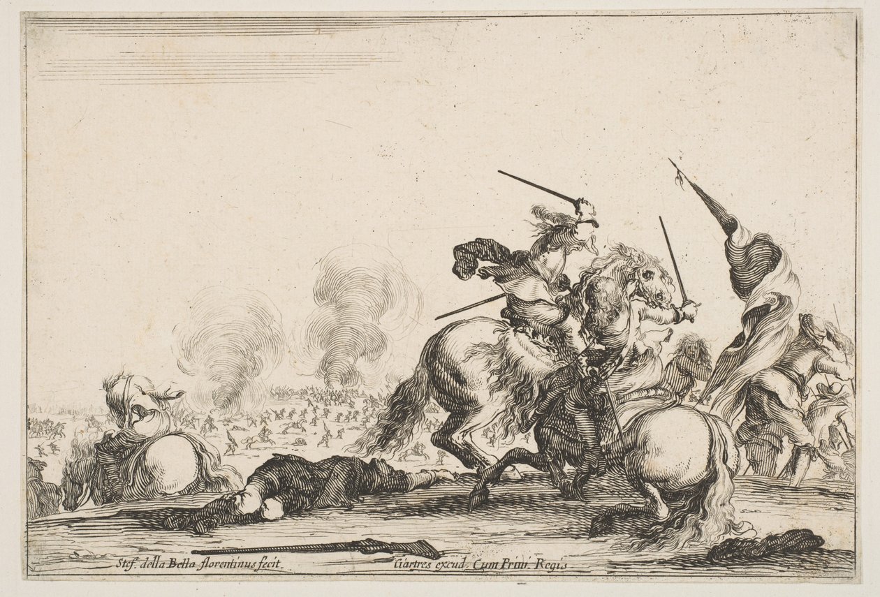 En træfning, to ryttere, der kæmper med sværd til højre, mænd med et flag løber..., ca. 1645. af Stefano della Bella