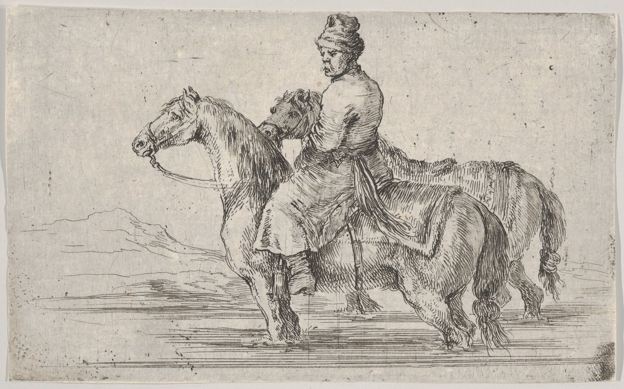 En kammertjener, der tager to heste for at bade, sidder oven på den ene hest i en flod, den anden ved siden af..., ca. 1662. af Stefano della Bella