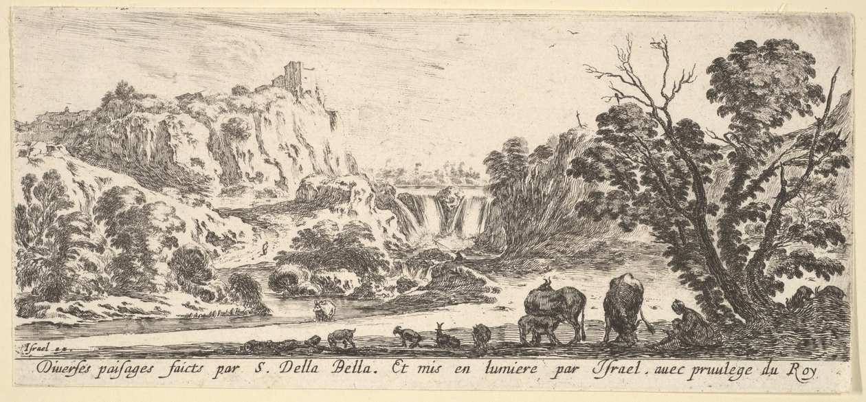 Et vandfald, der falder ned fra bjergene i midten af baggrunden, forskellige dyr og..., ca. 1641. af Stefano della Bella