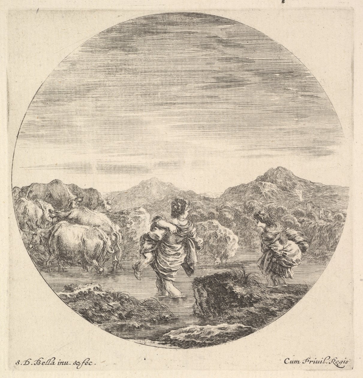 En kvinde med et barn i midten, set bagfra, en anden kvinde til højre, ansigt..., ca. 1643-48. af Stefano della Bella