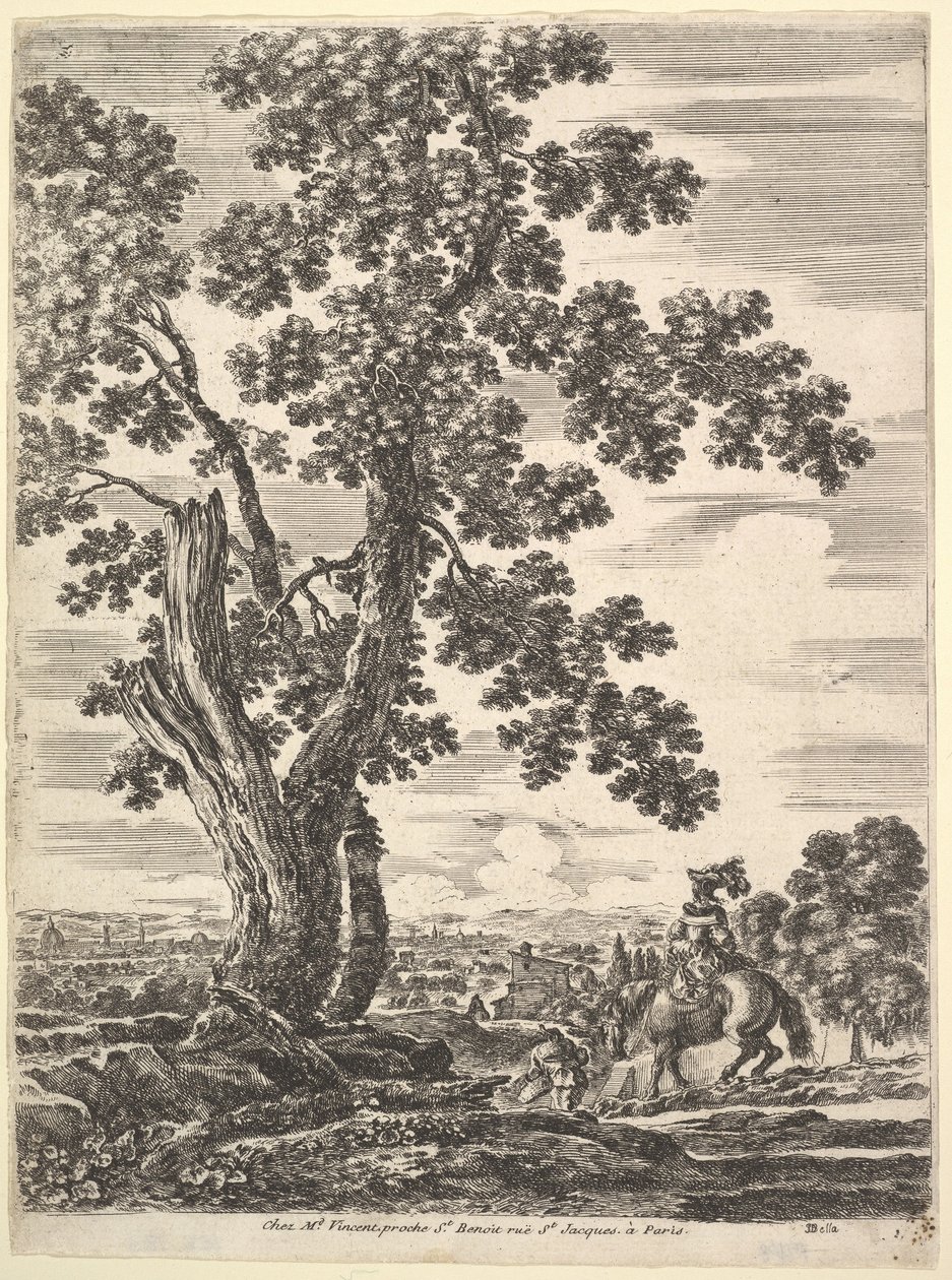 En kvinde til hest, set bagfra ned ad en bakke til højre, et stort træ ..., ca. 1652-57. af Stefano della Bella