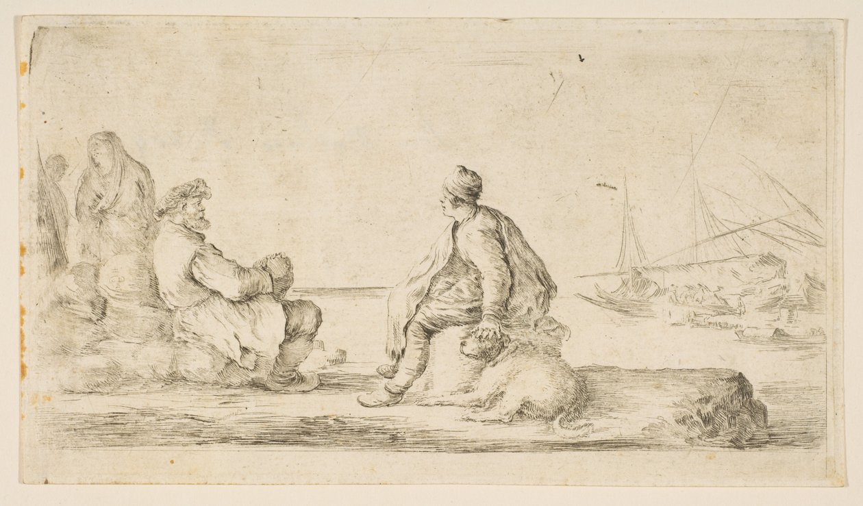 En ung sømand og en gammel mand sidder ved havet, 1600-tallet. af Stefano della Bella