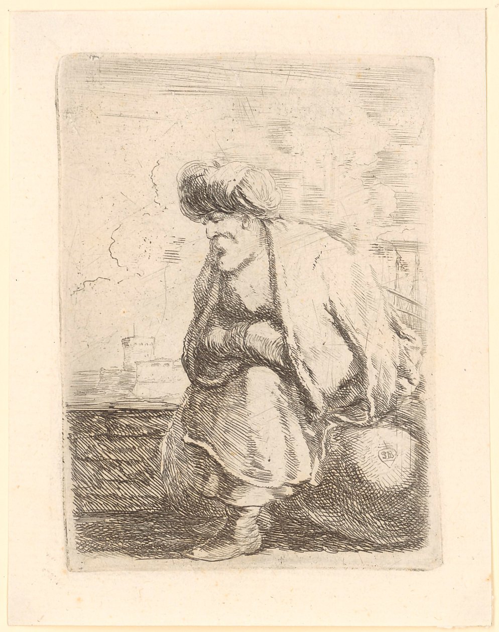 En gammel tyrker med frakke og turban sidder på en sten af Stefano della Bella