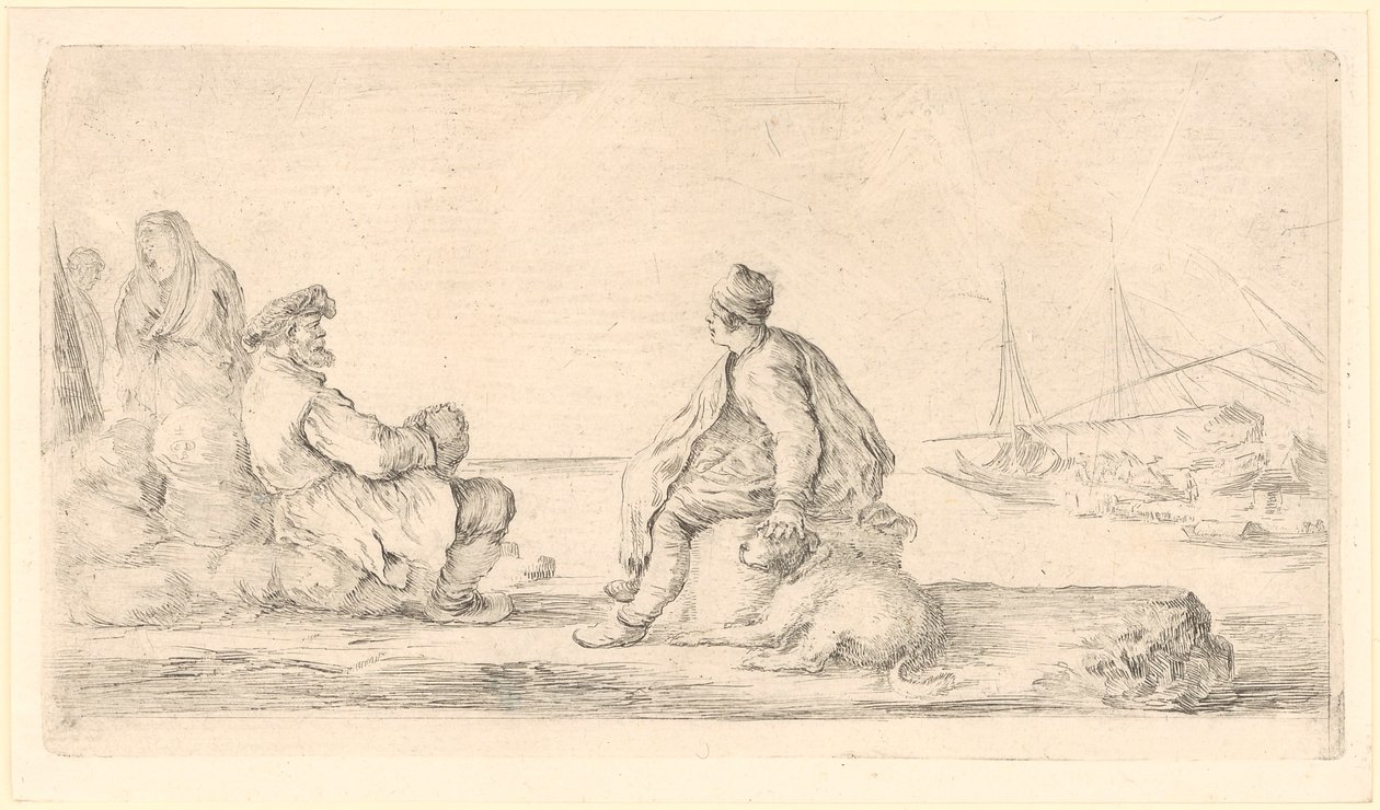 En ældre og en yngre sømand sidder ved strandkanten af Stefano della Bella