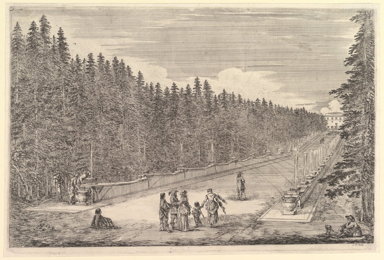 En allé med springvand, en gruppe mennesker, fra »Udsigter fra villaen i Pratolino« (Vues de la villa de Pratolino) af Stefano della Bella