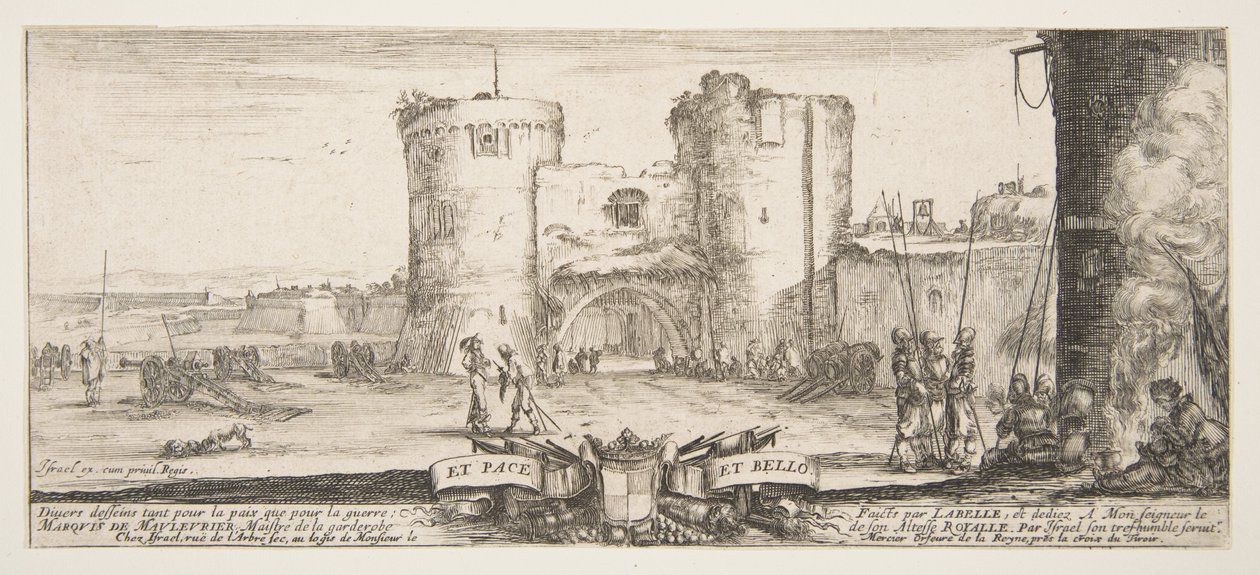 En indgang til en fæstning i midten, en kvinde med barn siddende ved bål til højre, sol..., ca. 1641. af Stefano della Bella