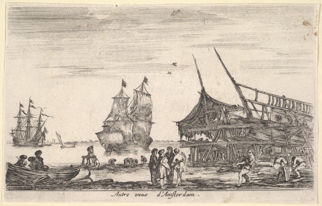 En anden udsigt over Amsterdam Autre vue dAmsterdam, en gruppe på fire mænd står i centrum på ..., 1647. af Stefano della Bella