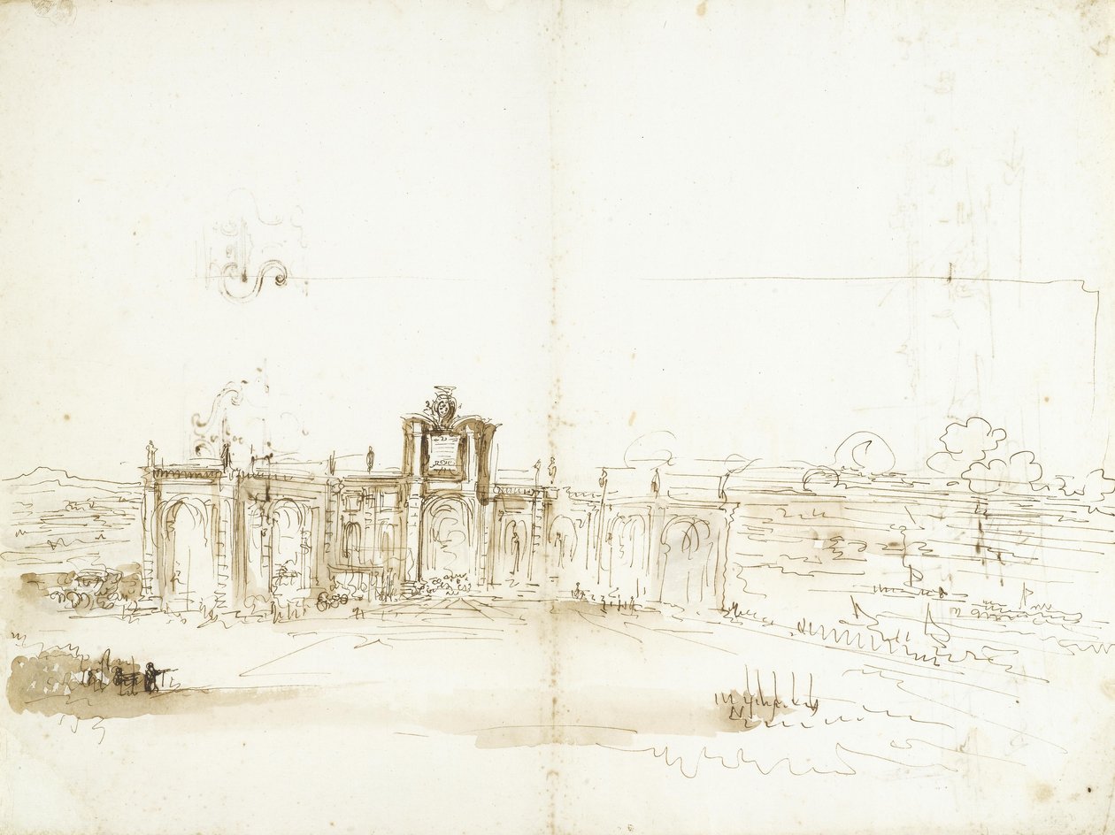 Udsigt over havnen i Livorno med en bygning, der bærer Medici-våbenskjoldet [forsiden]; havneudsigt og to ornamentstudier [bagsiden] af Stefano della Bella