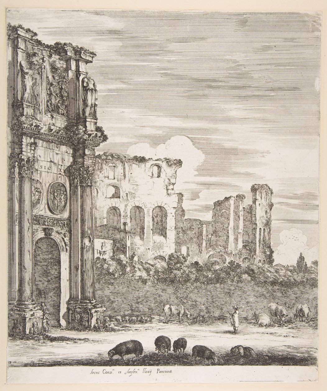 Konstantinsbuen og Colosseum med græssende får i forgrunden, fra "Seks store udsigter, fire over Rom og to over den romerske Campagna" (Seks store udsigter, hvoraf fire over Rom og to over den romerske Campagna) af Stefano della Bella