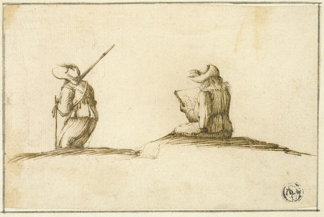 Skrivende kunstner og soldat, begge set bagfra af Stefano della Bella