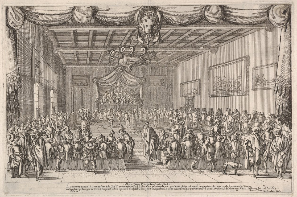 Piacevoli-familiens festmåltid, Medici-våbenskjoldet øverst i midten af Stefano della Bella