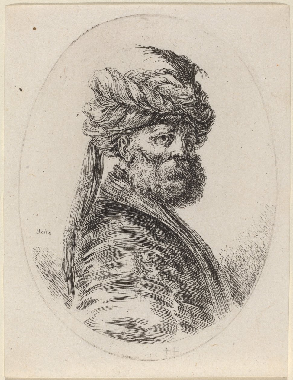 Skæggarn i en fjerbeklædt turban med slør, drejet til højre, 16491650. af Stefano della Bella
