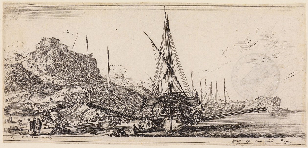 Lastning af forskellige skibe (Divers embarquements): Galeon, der er ved at forlade redden af Stefano della Bella