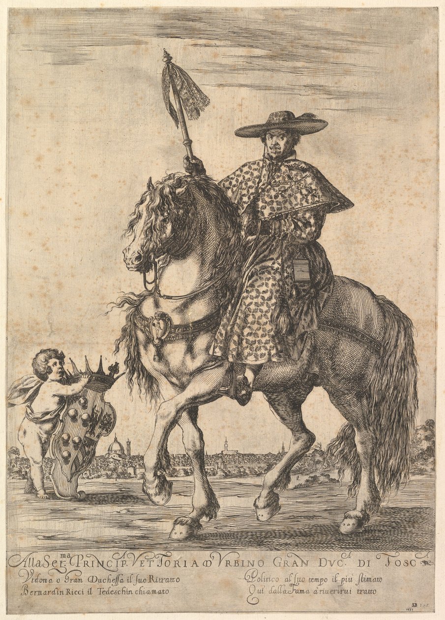 Bernardino Ricci, kaldet il Tedeschino, oven på en hest i midten, ridende mod venstre, w..., 1637. af Stefano della Bella