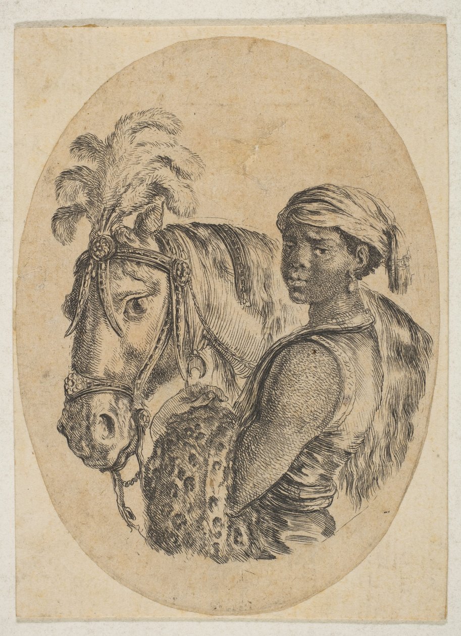 Sort slave bærer et leopardskind og holder tøjlen på en hest, fra flere hoveder..., 1649-50. af Stefano della Bella