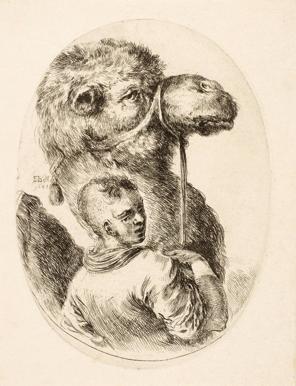Dreng, der holder en kamel ved tøjlen, fra Several Heads Coiffées à la Persienne, pub. vs. 1650 (gravering) af Stefano della Bella