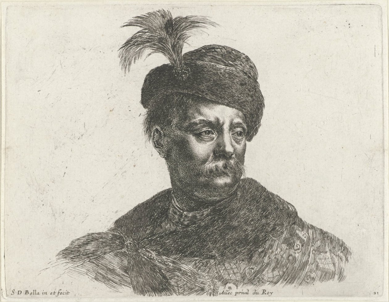 Buste af en polsk mand med et overskæg og en hat med en fane Grundlæggende om tegning (serietitel) I principii del disegno (serietitel) af Stefano della Bella