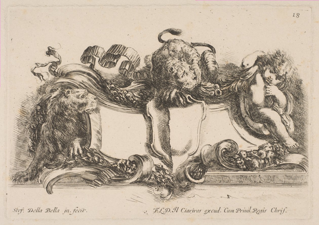 Kartouche indeholdende et tomt skjold besat af en løve og indrammet af en løve og et barn, 1646. af Stefano della Bella