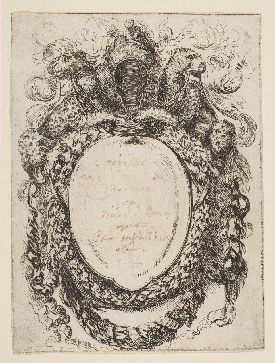 Cartouche kronet af hjelm og leoparder, 1647. af Stefano della Bella