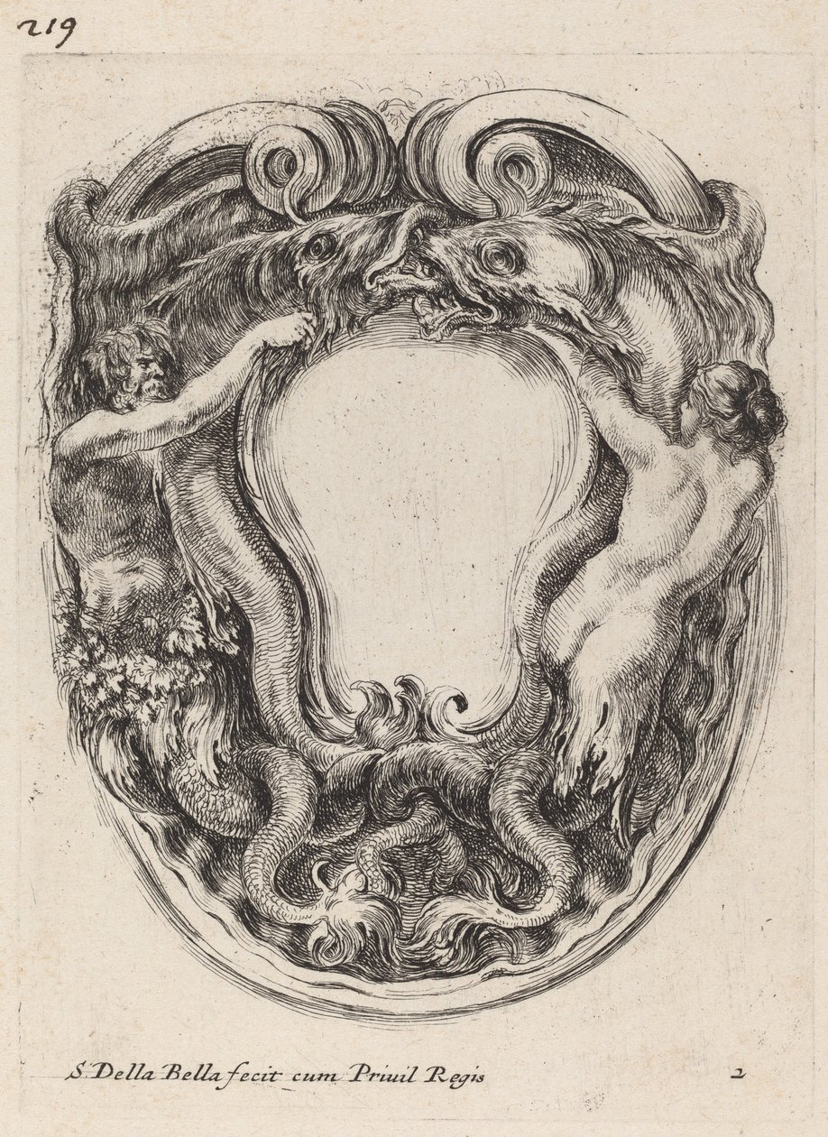 Cartouche Understøttet af Triton og Siren af Stefano della Bella