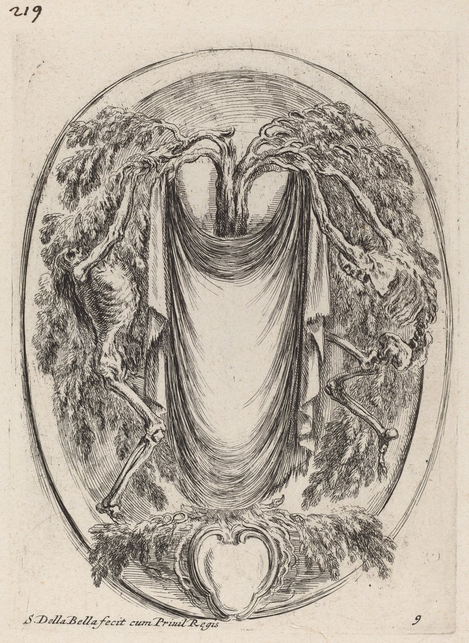 Cartouche i form af et drapere ophængt fra en cypres flankeret af skeletter, 1647. af Stefano della Bella