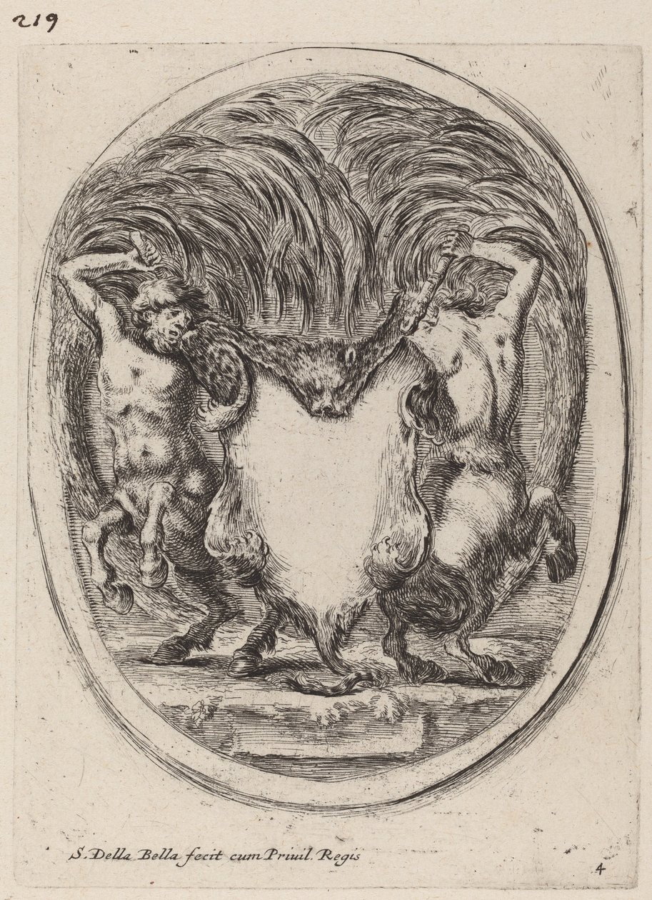 Cartouche i form af en flået tiger understøttet af kentaurer, 1647. af Stefano della Bella