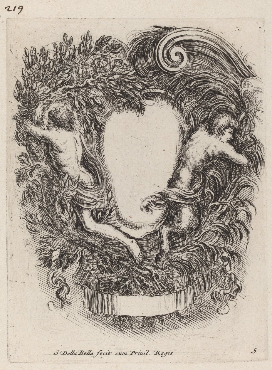 Cartouche med Apollo og Pan, 1647. af Stefano della Bella