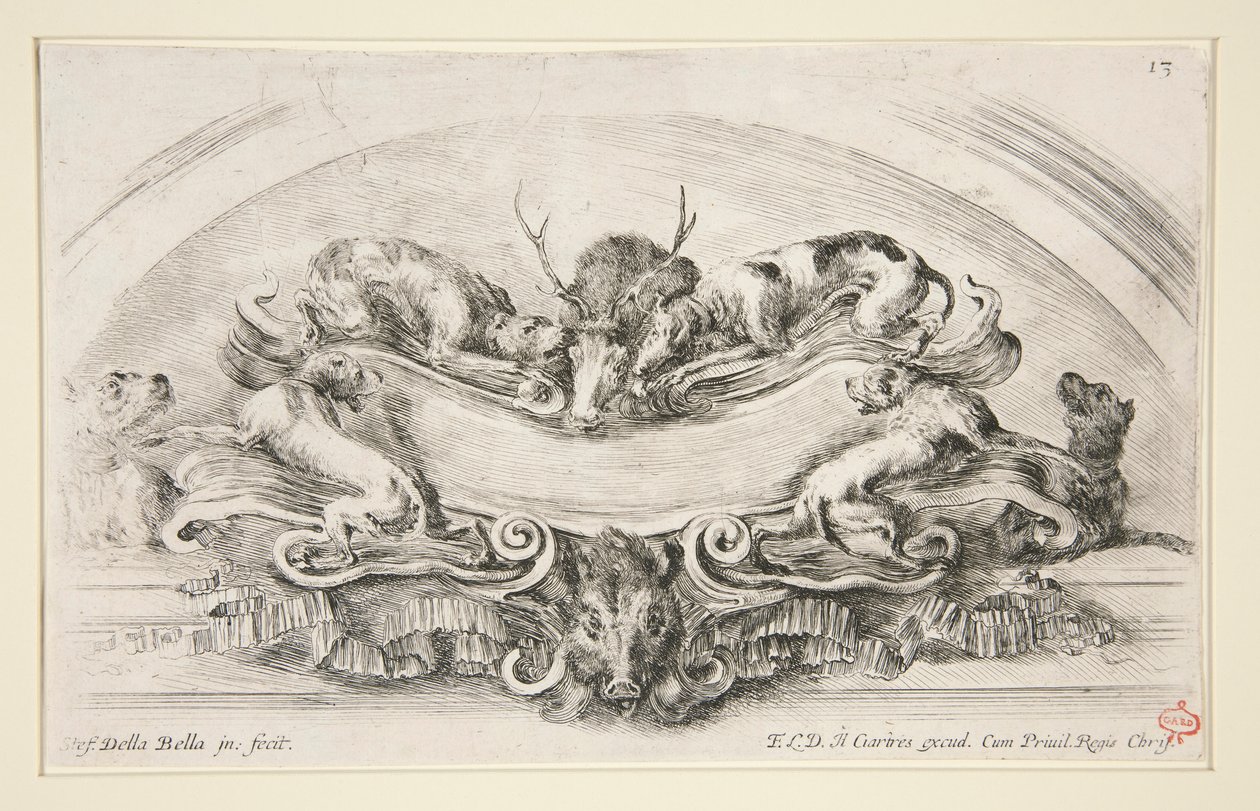 Cartouche med hunde, kronhjort og ornehoved af Stefano della Bella