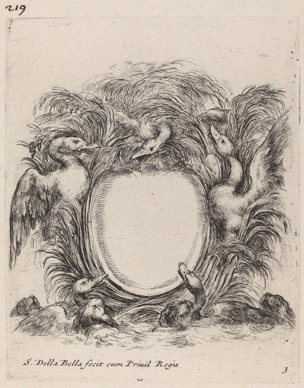 Cartouche med ænder og hunde af Stefano della Bella