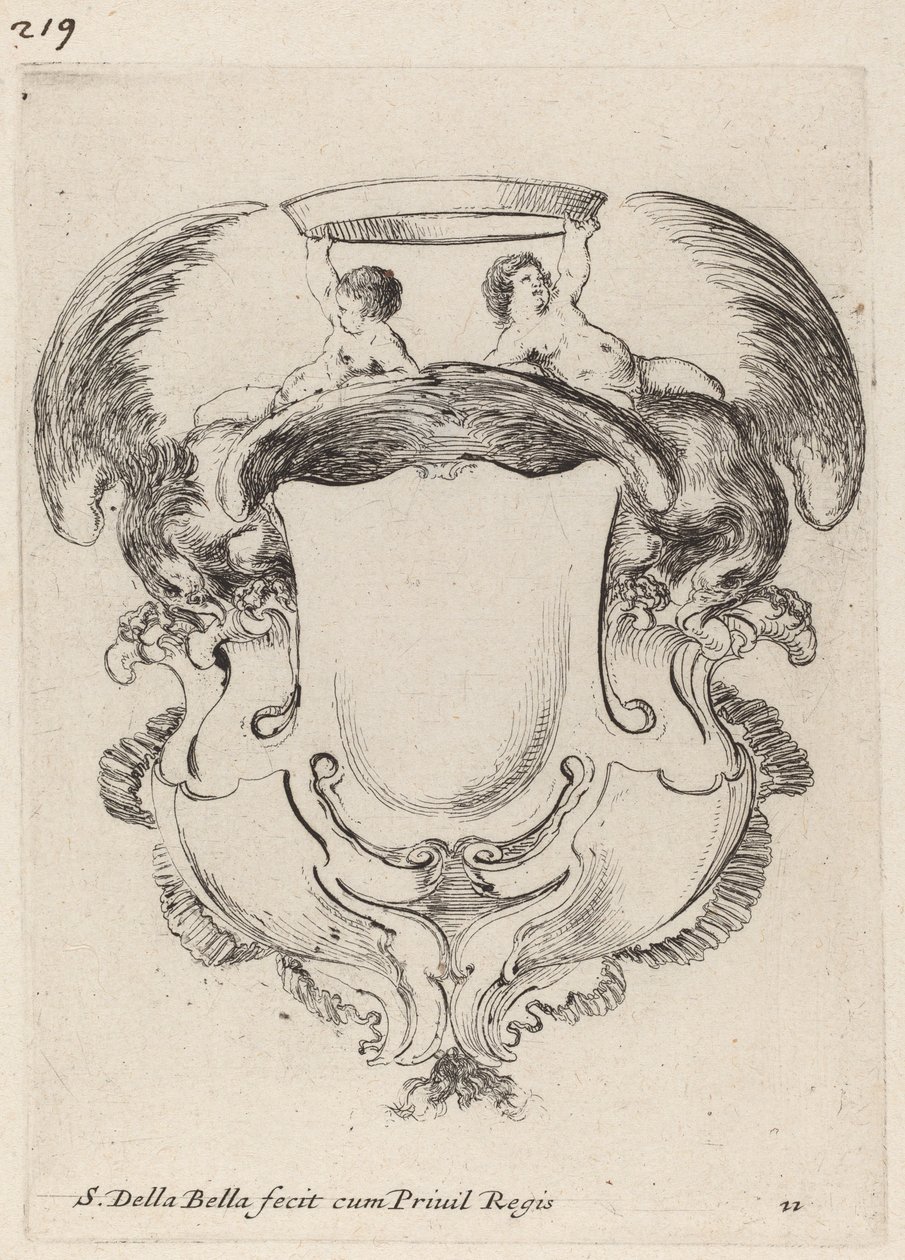 Cartouche med ørne og to spædbørn, der holder en krone, 1647. af Stefano della Bella