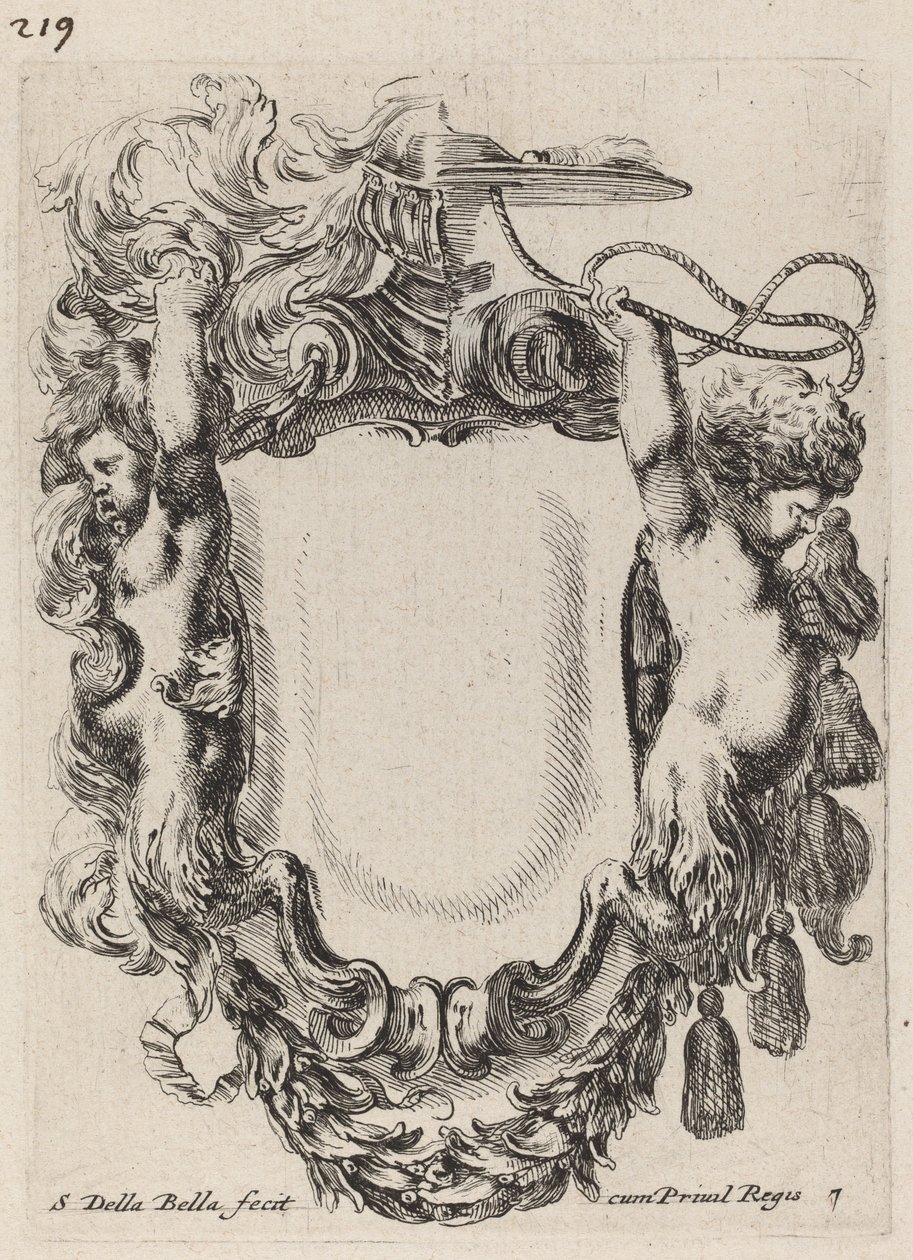 Cartouche med spædbørn Satyrer, 1647. af Stefano della Bella