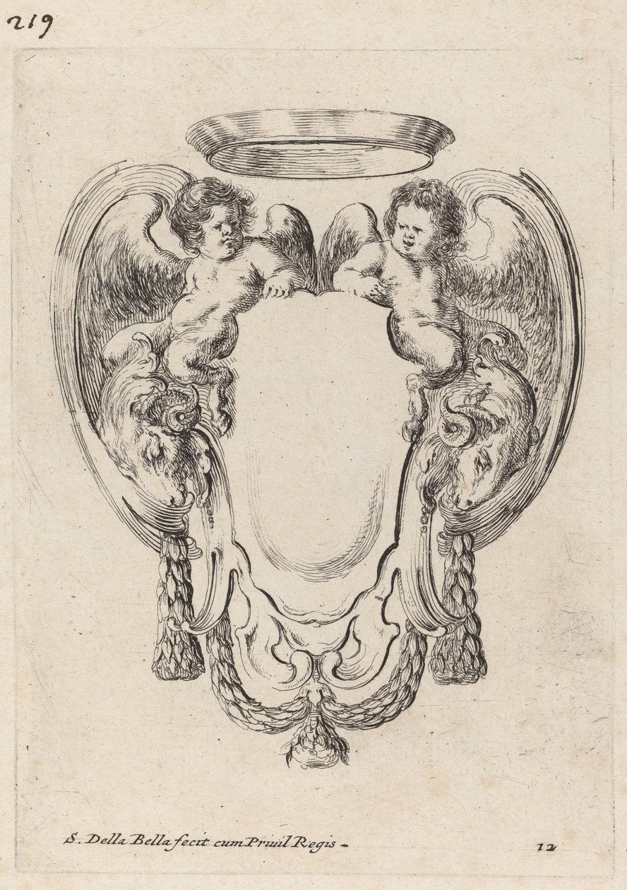 Cartouche med væddere og spædbarnssatyrer, 1647. af Stefano della Bella