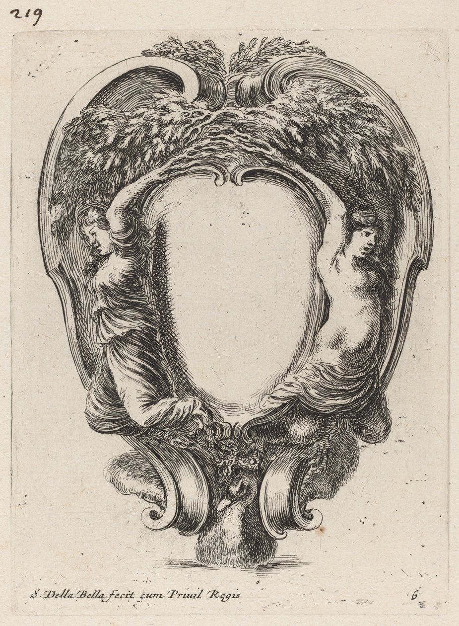 Cartouche med to nymfer omdannet til træer, 1647. af Stefano della Bella