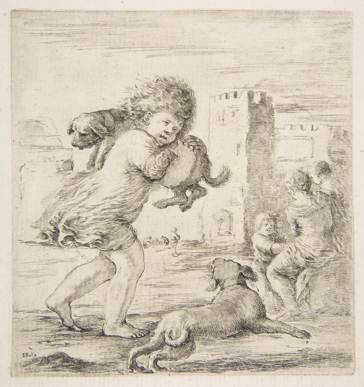 Barn, der bærer en hvalp på sin skulder, ca. 1662. af Stefano della Bella
