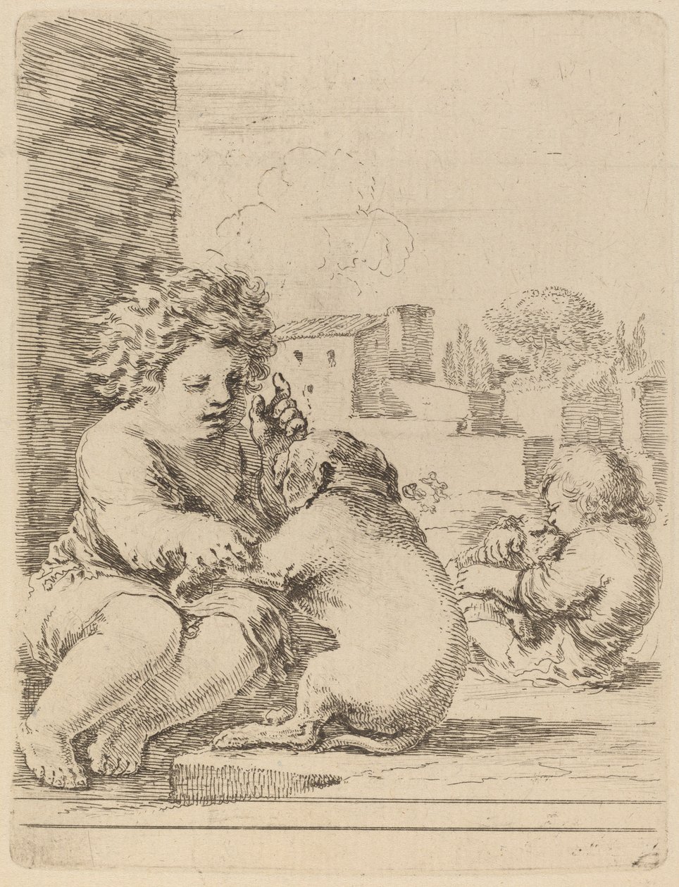 Barn leger med en hund af Stefano della Bella